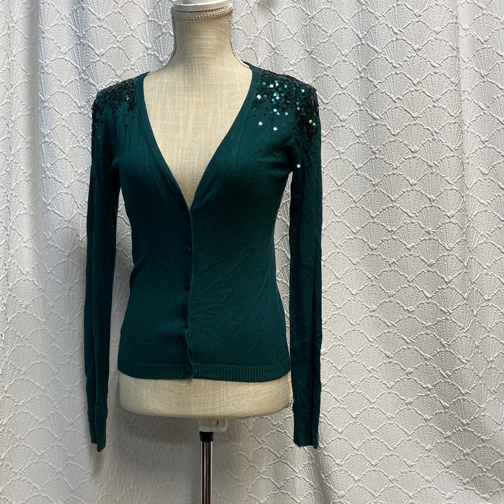 Finery size medium dark‎ emerald green Cardigan with Sequins Christmas holiday